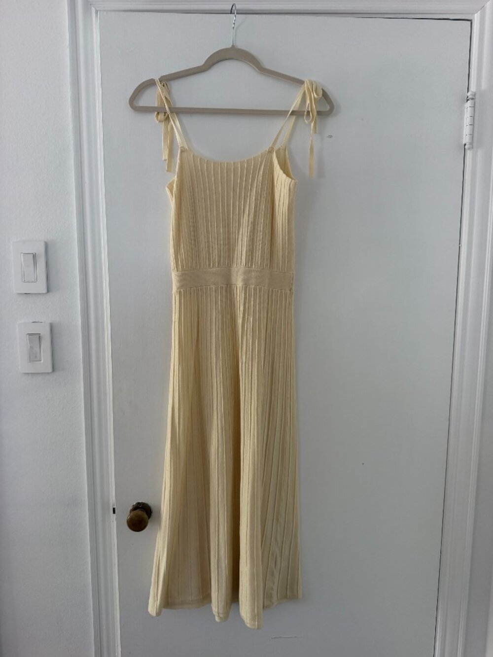 Cream Ribbed Knit Tie-Shoulder Dress
